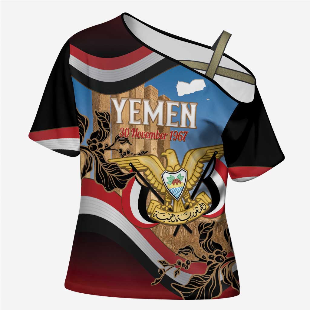 Personalised Yemen Independence Day Cross Shoulder Shirt Awwam Temple With Coat Of Arms Proud - Wonder Print Shop
