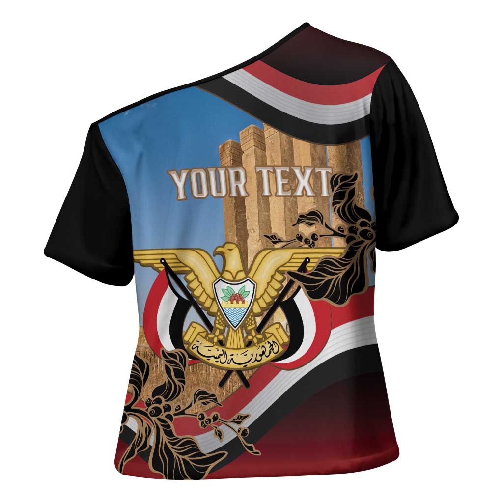 Personalised Yemen Independence Day Cross Shoulder Shirt Awwam Temple With Coat Of Arms Proud - Wonder Print Shop