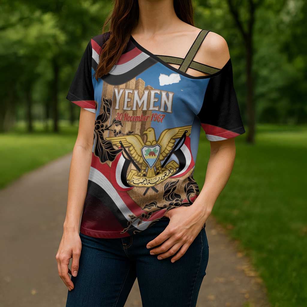 Personalised Yemen Independence Day Cross Shoulder Shirt Awwam Temple With Coat Of Arms Proud - Wonder Print Shop