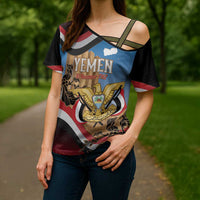 Personalised Yemen Independence Day Cross Shoulder Shirt Awwam Temple With Coat Of Arms Proud - Wonder Print Shop