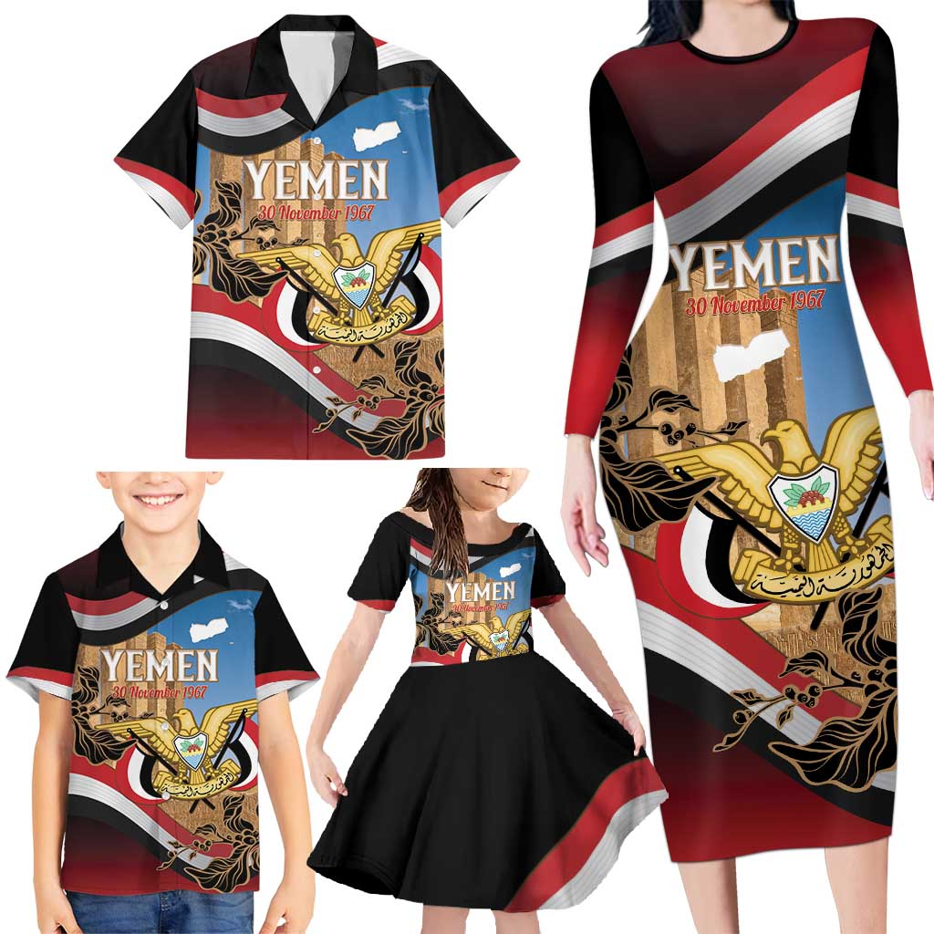 Personalised Yemen Independence Day Family Matching Long Sleeve Bodycon Dress and Hawaiian Shirt Awwam Temple With Coat Of Arms Proud - Wonder Print Shop