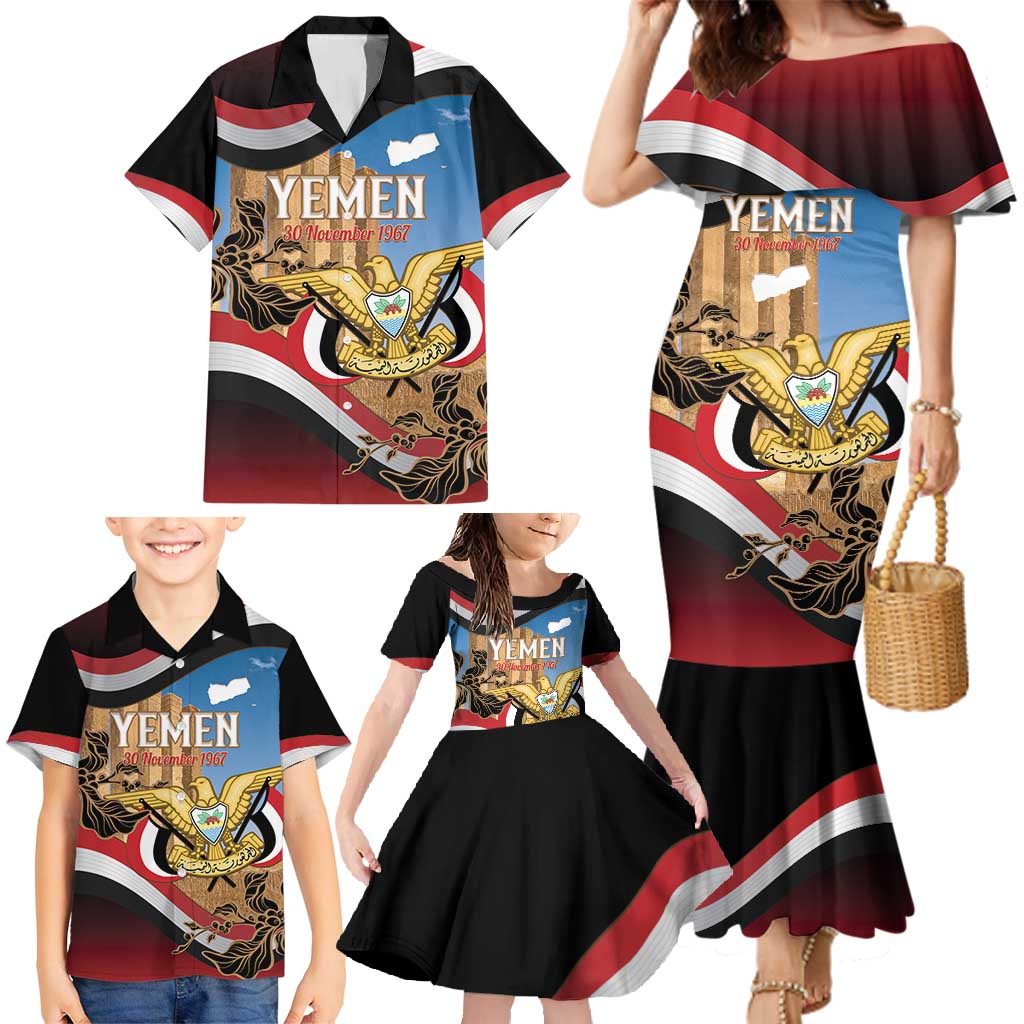 Personalised Yemen Independence Day Family Matching Mermaid Dress and Hawaiian Shirt Awwam Temple With Coat Of Arms Proud - Wonder Print Shop