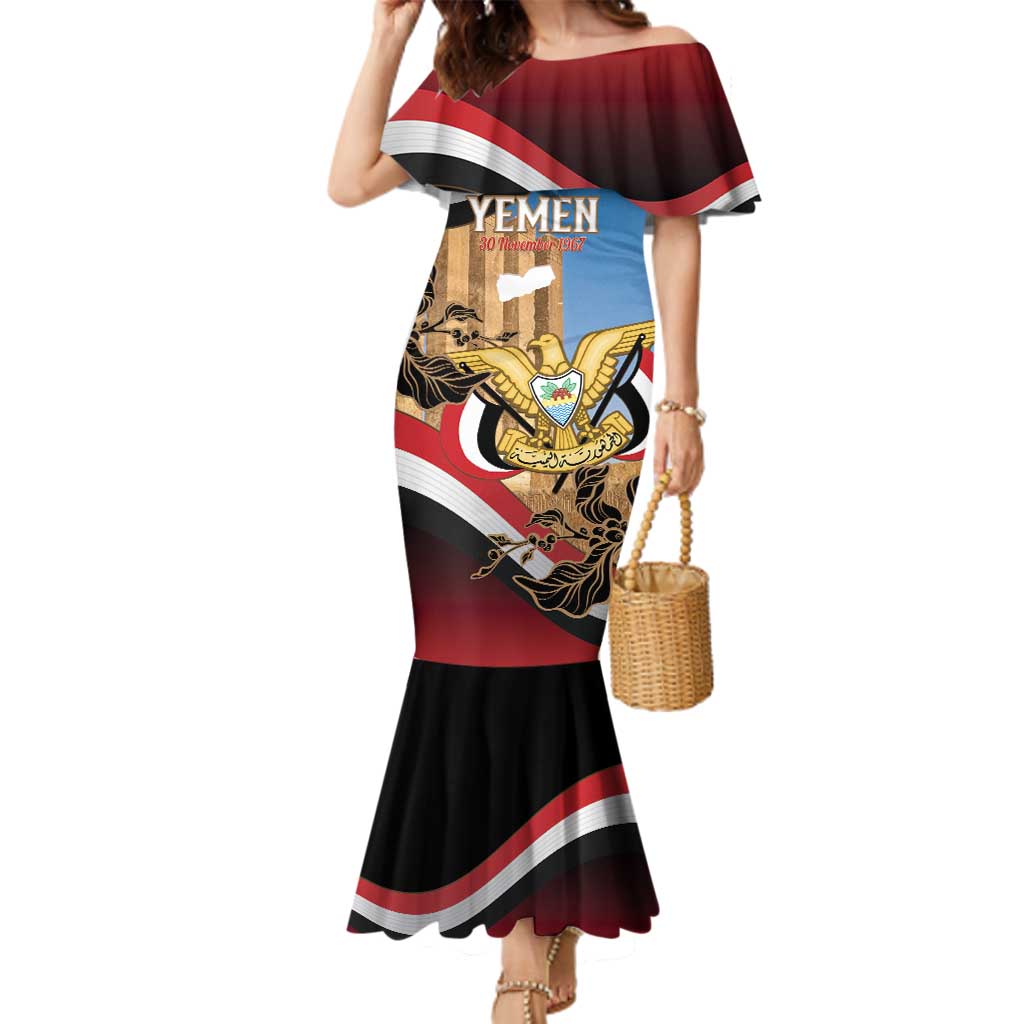 Personalised Yemen Independence Day Family Matching Mermaid Dress and Hawaiian Shirt Awwam Temple With Coat Of Arms Proud - Wonder Print Shop