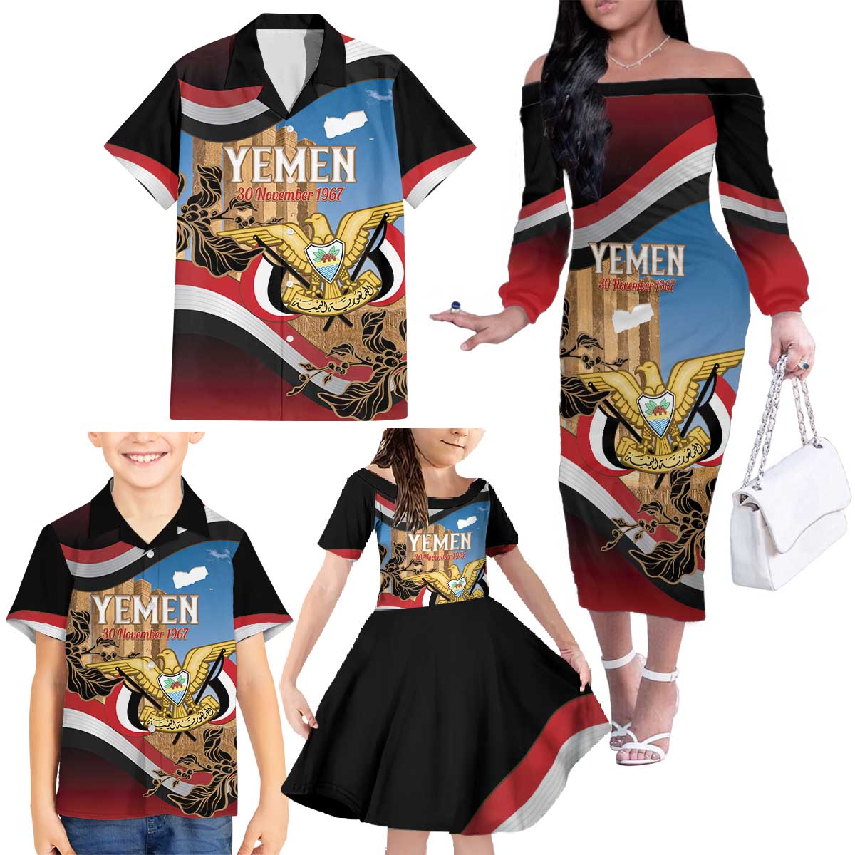 Personalised Yemen Independence Day Family Matching Off The Shoulder Long Sleeve Dress and Hawaiian Shirt Awwam Temple With Coat Of Arms Proud - Wonder Print Shop