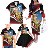 Personalised Yemen Independence Day Family Matching Off The Shoulder Long Sleeve Dress and Hawaiian Shirt Awwam Temple With Coat Of Arms Proud - Wonder Print Shop