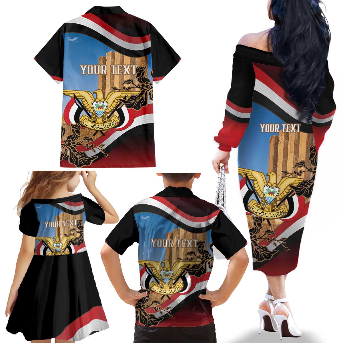 Personalised Yemen Independence Day Family Matching Off The Shoulder Long Sleeve Dress and Hawaiian Shirt Awwam Temple With Coat Of Arms Proud - Wonder Print Shop