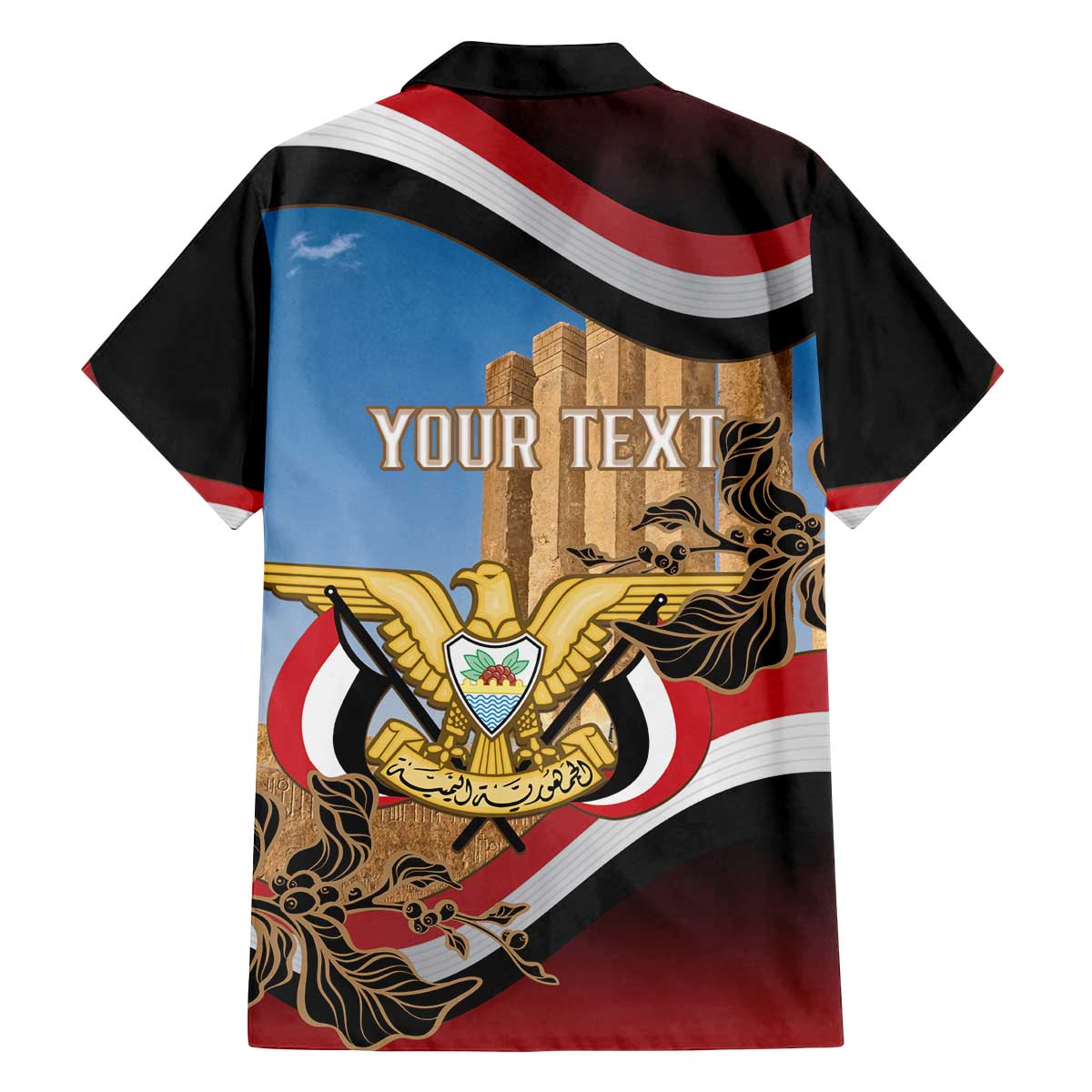 Personalised Yemen Independence Day Family Matching Off The Shoulder Long Sleeve Dress and Hawaiian Shirt Awwam Temple With Coat Of Arms Proud - Wonder Print Shop