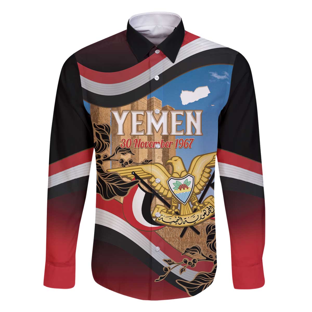 Personalised Yemen Independence Day Family Matching Off The Shoulder Long Sleeve Dress and Hawaiian Shirt Awwam Temple With Coat Of Arms Proud - Wonder Print Shop