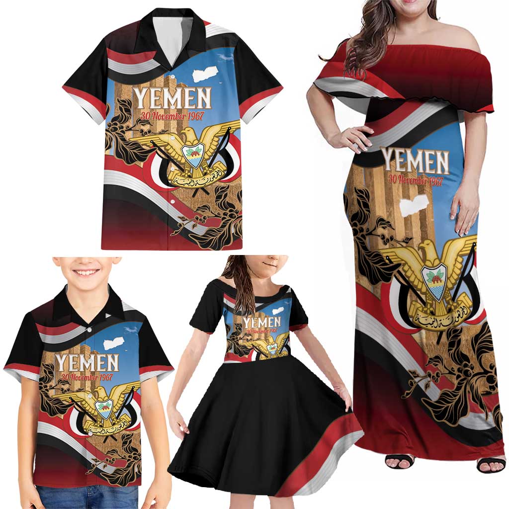 Personalised Yemen Independence Day Family Matching Off Shoulder Maxi Dress and Hawaiian Shirt Awwam Temple With Coat Of Arms Proud - Wonder Print Shop