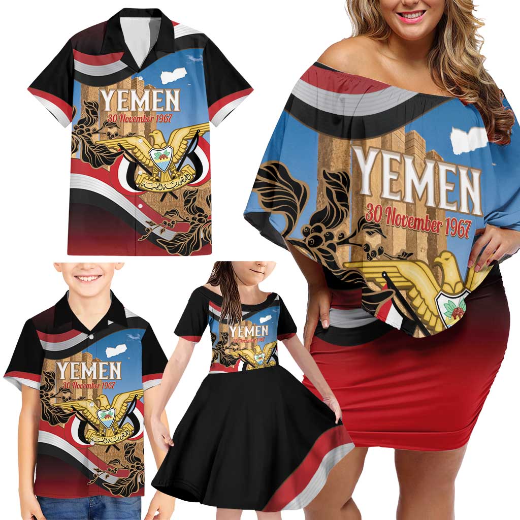 Personalised Yemen Independence Day Family Matching Off Shoulder Short Dress and Hawaiian Shirt Awwam Temple With Coat Of Arms Proud - Wonder Print Shop