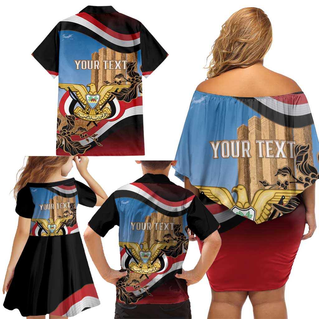 Personalised Yemen Independence Day Family Matching Off Shoulder Short Dress and Hawaiian Shirt Awwam Temple With Coat Of Arms Proud - Wonder Print Shop