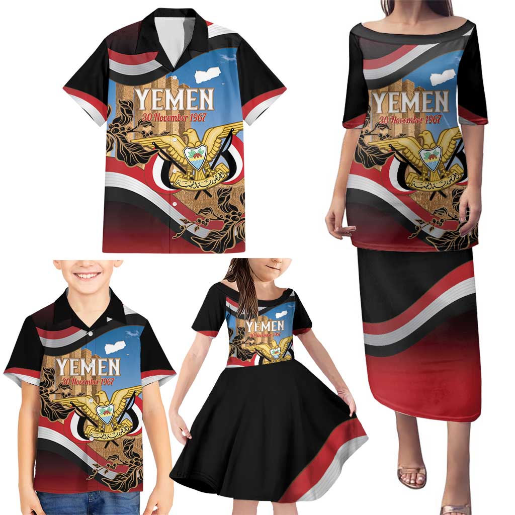 Personalised Yemen Independence Day Family Matching Puletasi and Hawaiian Shirt Awwam Temple With Coat Of Arms Proud - Wonder Print Shop