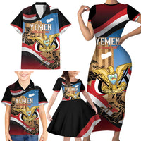 Personalised Yemen Independence Day Family Matching Short Sleeve Bodycon Dress and Hawaiian Shirt Awwam Temple With Coat Of Arms Proud - Wonder Print Shop