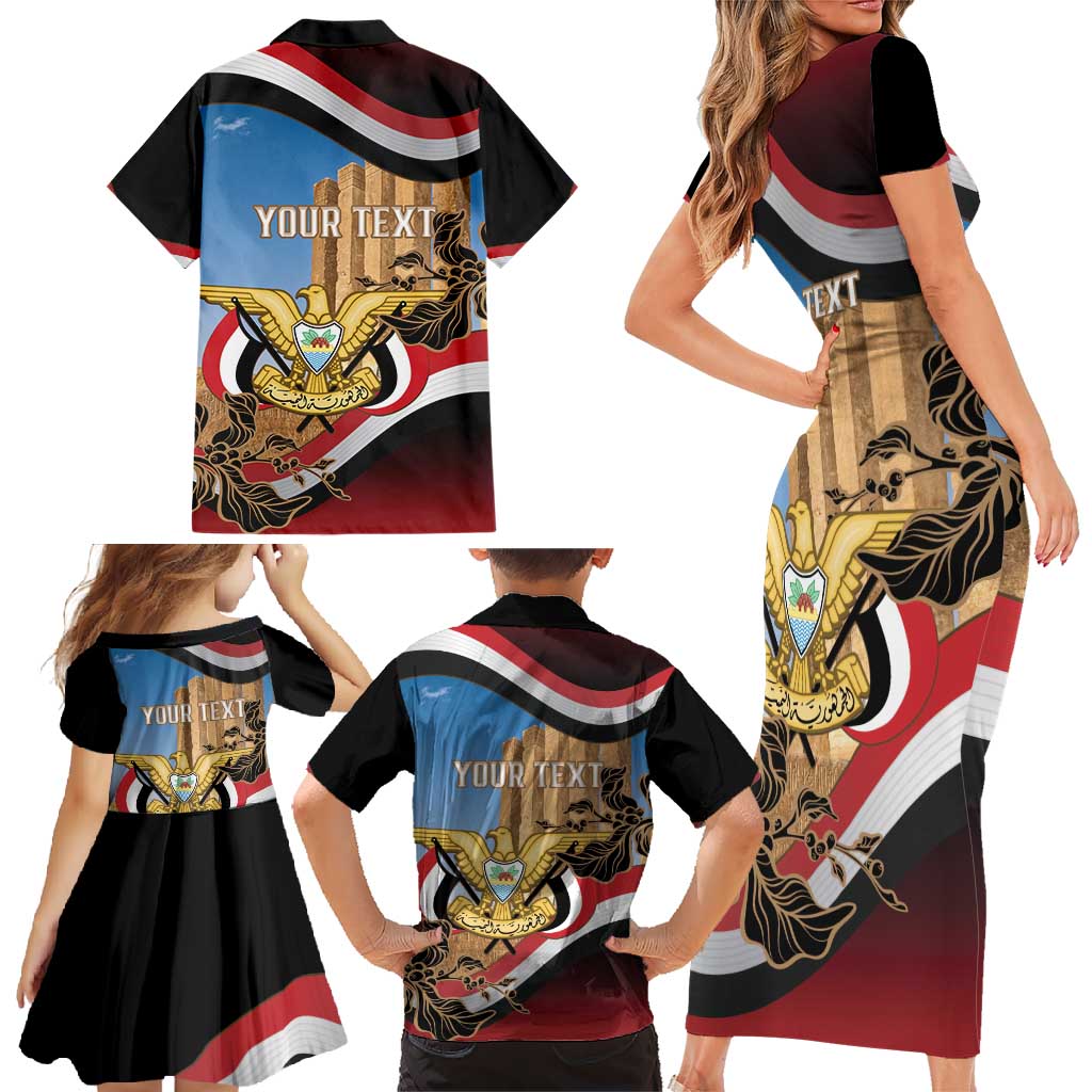 Personalised Yemen Independence Day Family Matching Short Sleeve Bodycon Dress and Hawaiian Shirt Awwam Temple With Coat Of Arms Proud - Wonder Print Shop