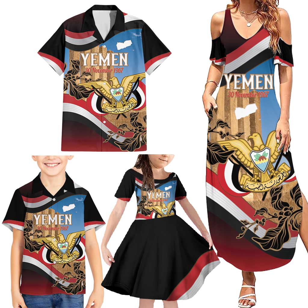Personalised Yemen Independence Day Family Matching Summer Maxi Dress and Hawaiian Shirt Awwam Temple With Coat Of Arms Proud - Wonder Print Shop