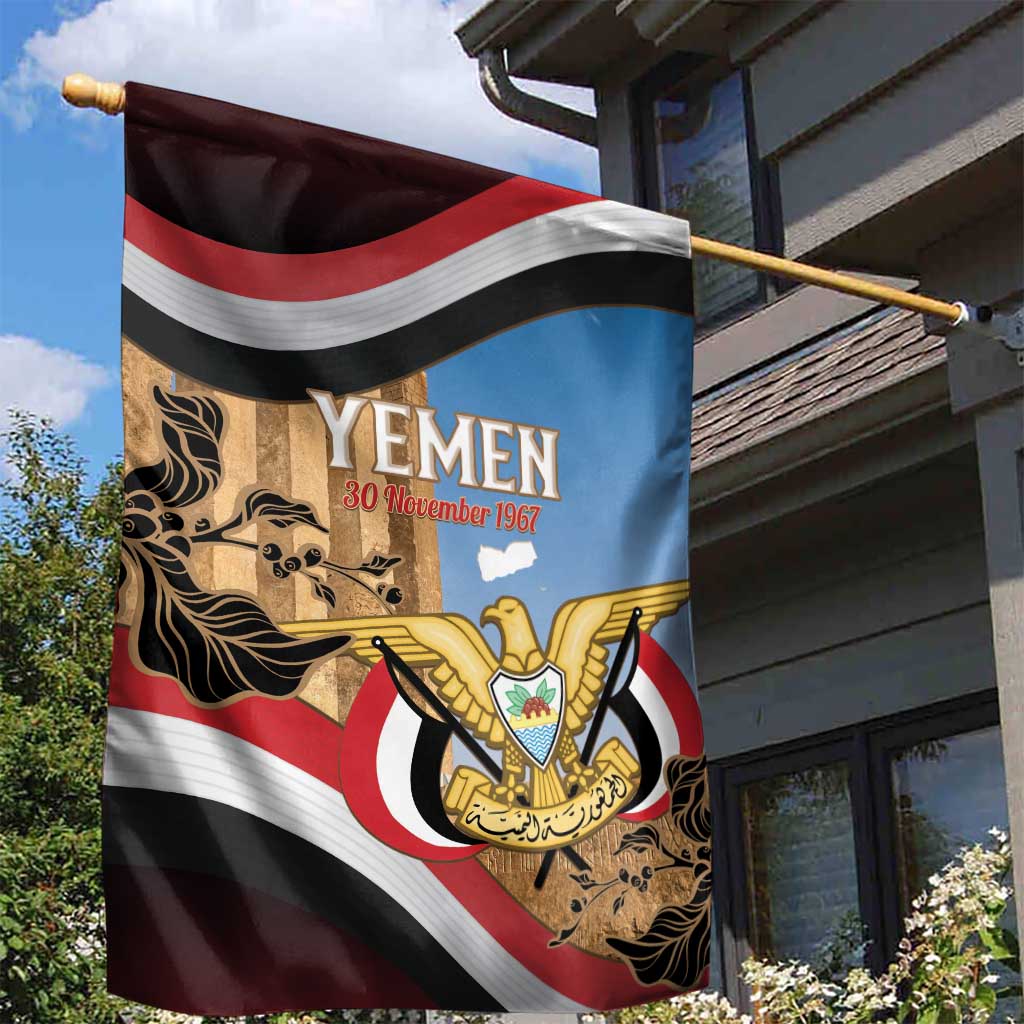 Personalised Yemen Independence Day Garden Flag Awwam Temple With Coat Of Arms Proud - Wonder Print Shop