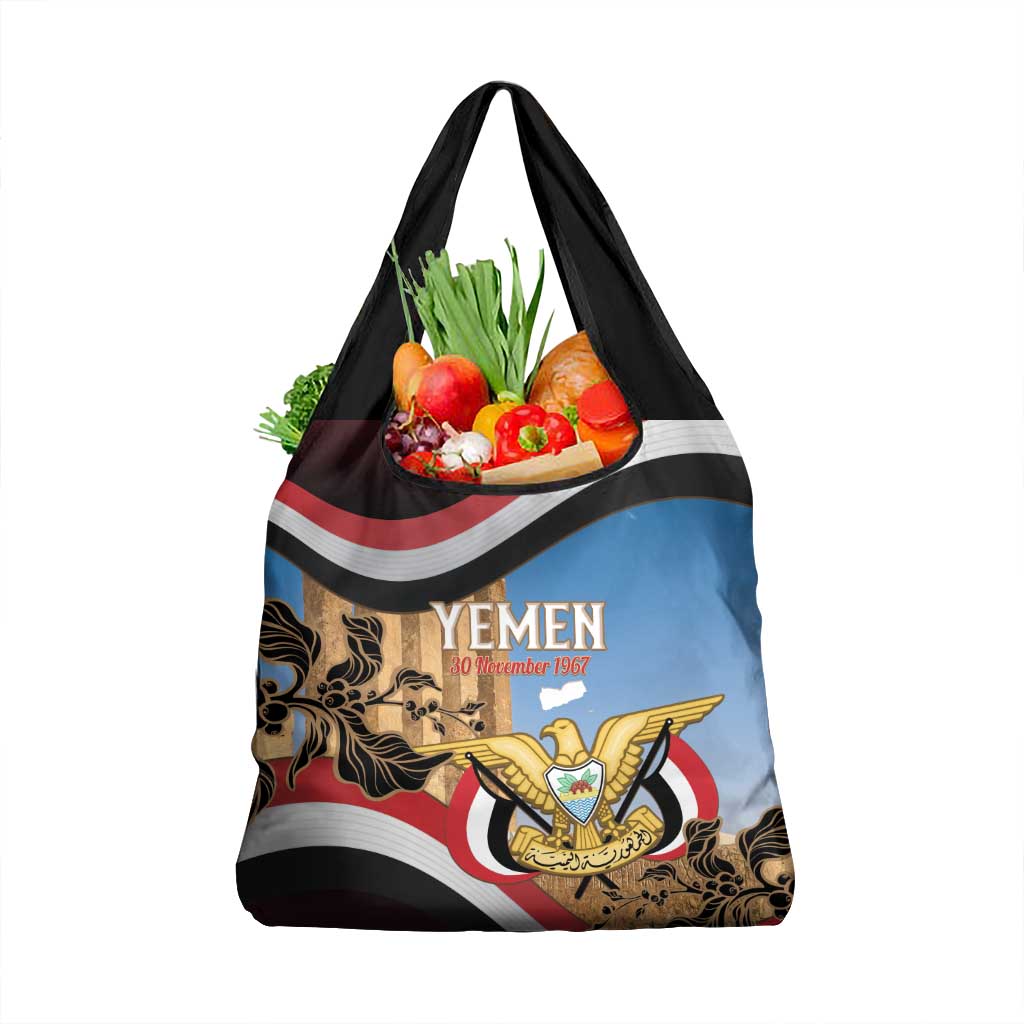 Personalised Yemen Independence Day Grocery Bag Awwam Temple With Coat Of Arms Proud - Wonder Print Shop
