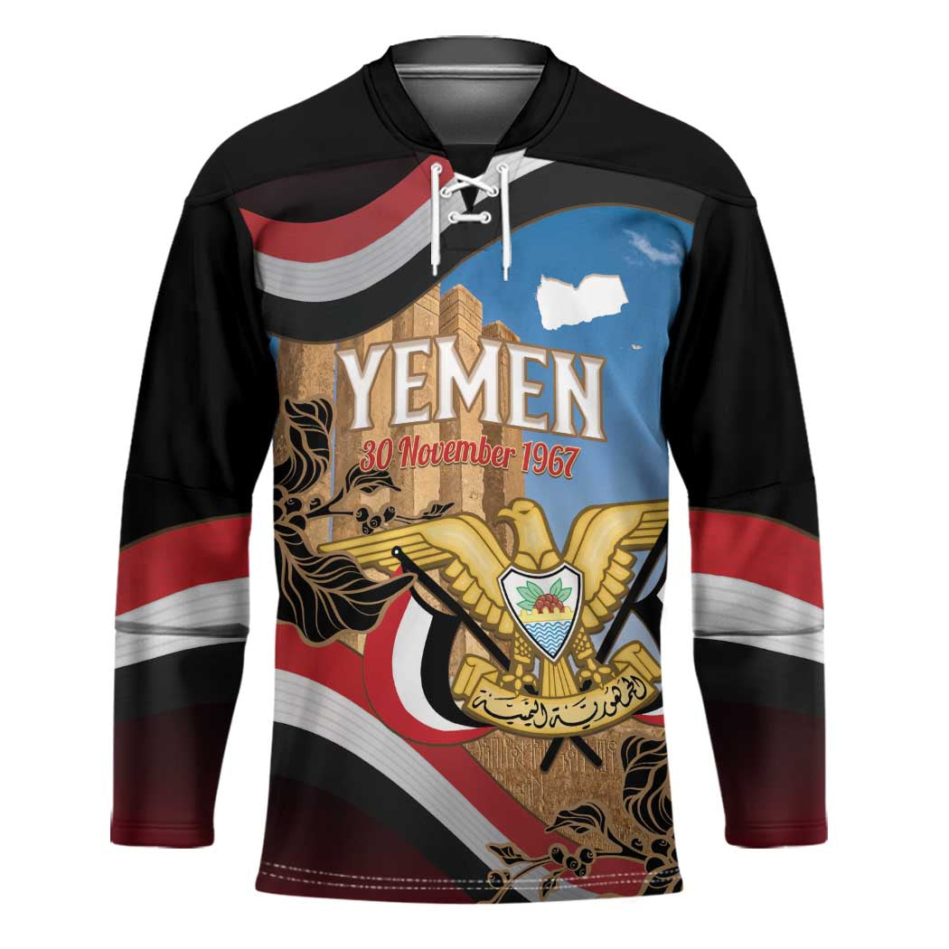 Personalised Yemen Independence Day Hockey Jersey Awwam Temple With Coat Of Arms Proud - Wonder Print Shop
