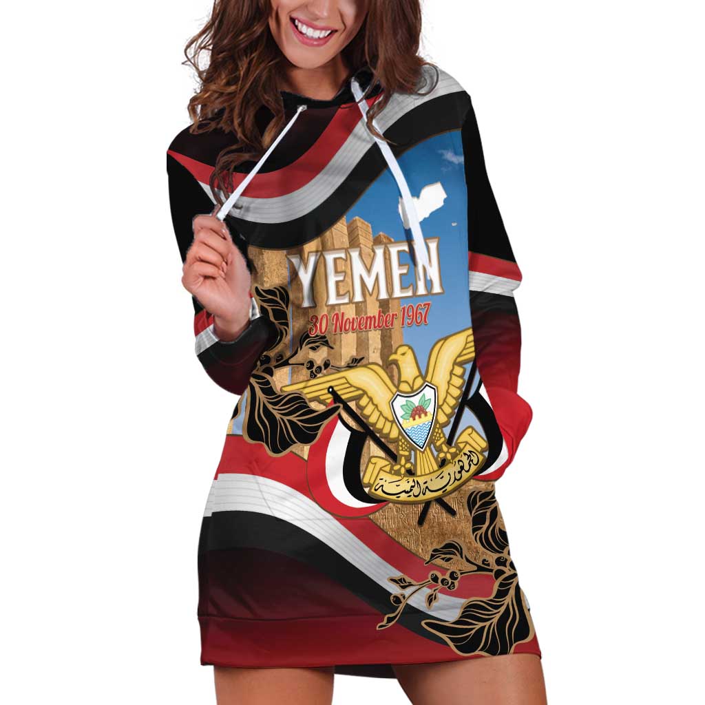 Personalised Yemen Independence Day Hoodie Dress Awwam Temple With Coat Of Arms Proud - Wonder Print Shop