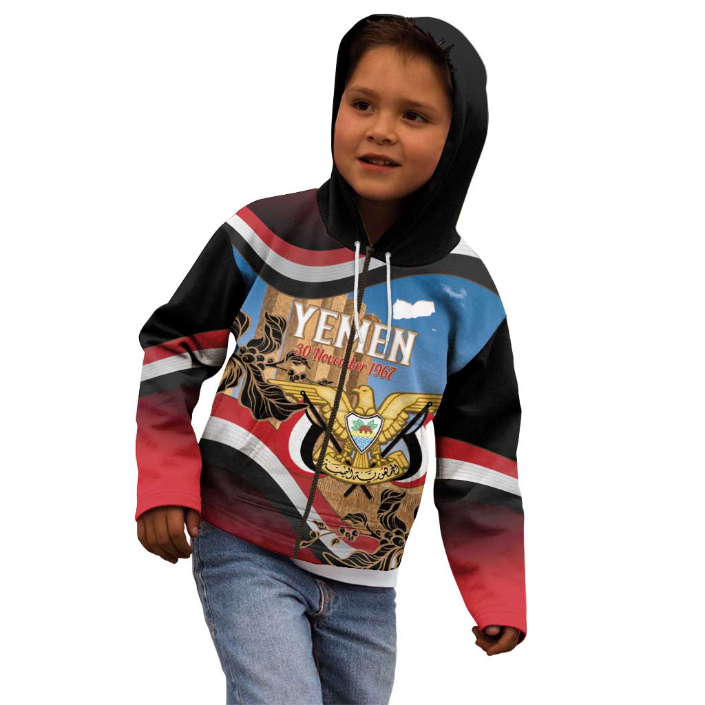 Personalised Yemen Independence Day Kid Hoodie Awwam Temple With Coat Of Arms Proud - Wonder Print Shop