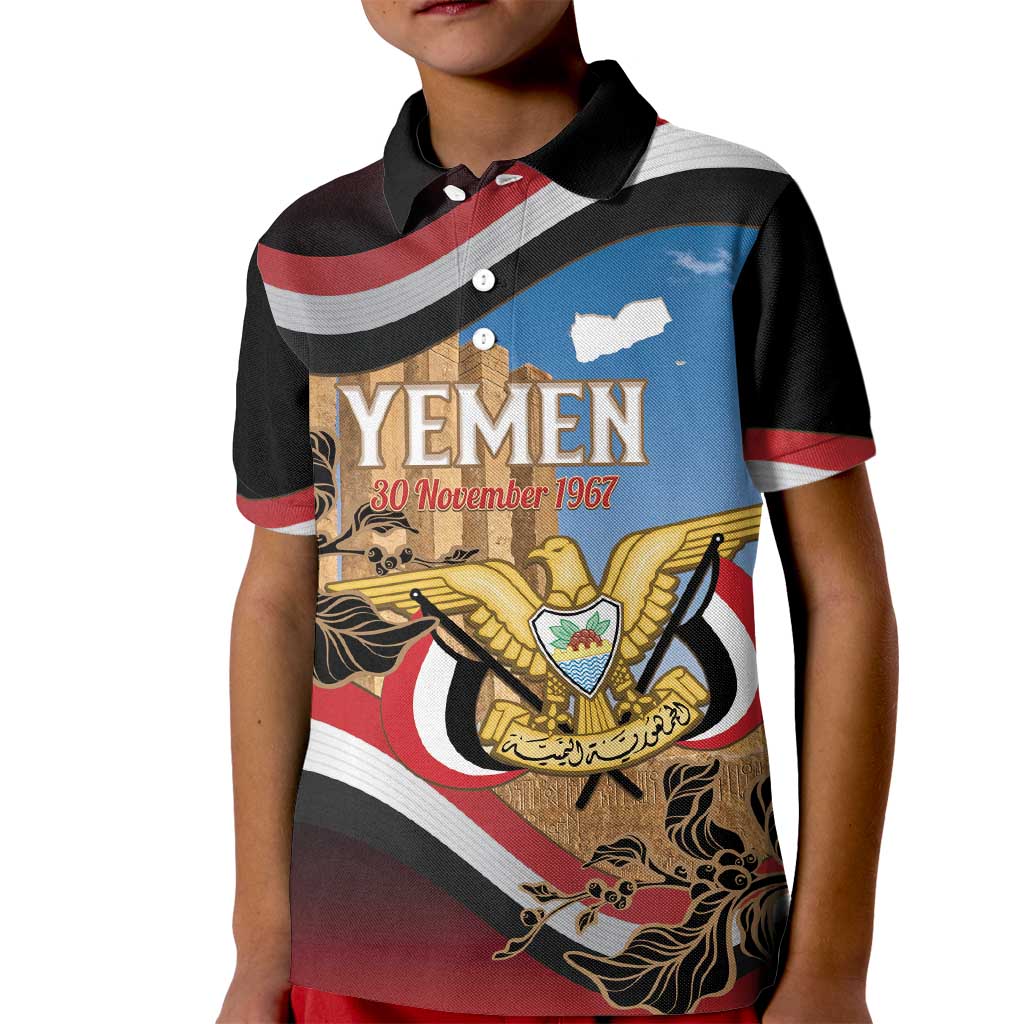 Personalised Yemen Independence Day Kid Polo Shirt Awwam Temple With Coat Of Arms Proud - Wonder Print Shop