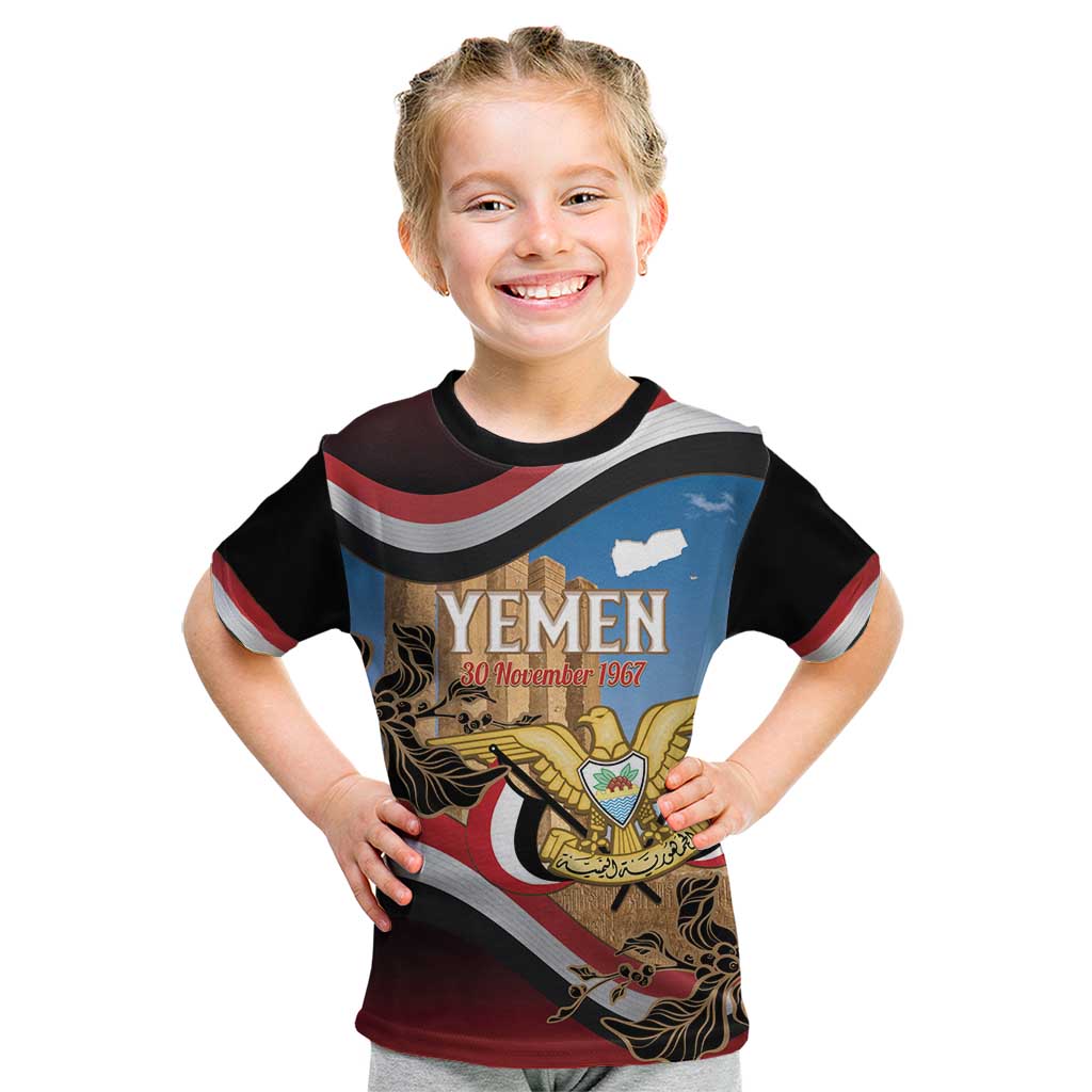 Personalised Yemen Independence Day Kid T Shirt Awwam Temple With Coat Of Arms Proud - Wonder Print Shop