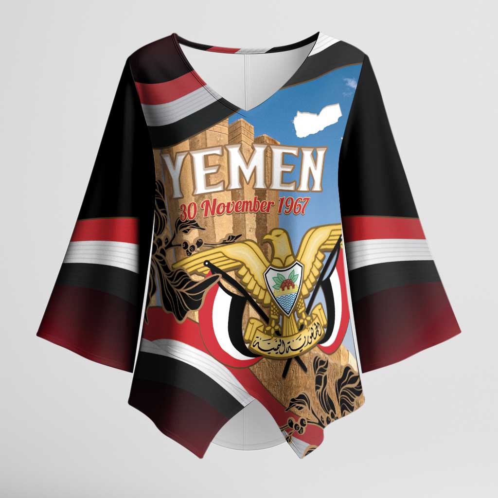 Personalised Yemen Independence Day Kimono Sleeve Blouse Awwam Temple With Coat Of Arms Proud - Wonder Print Shop