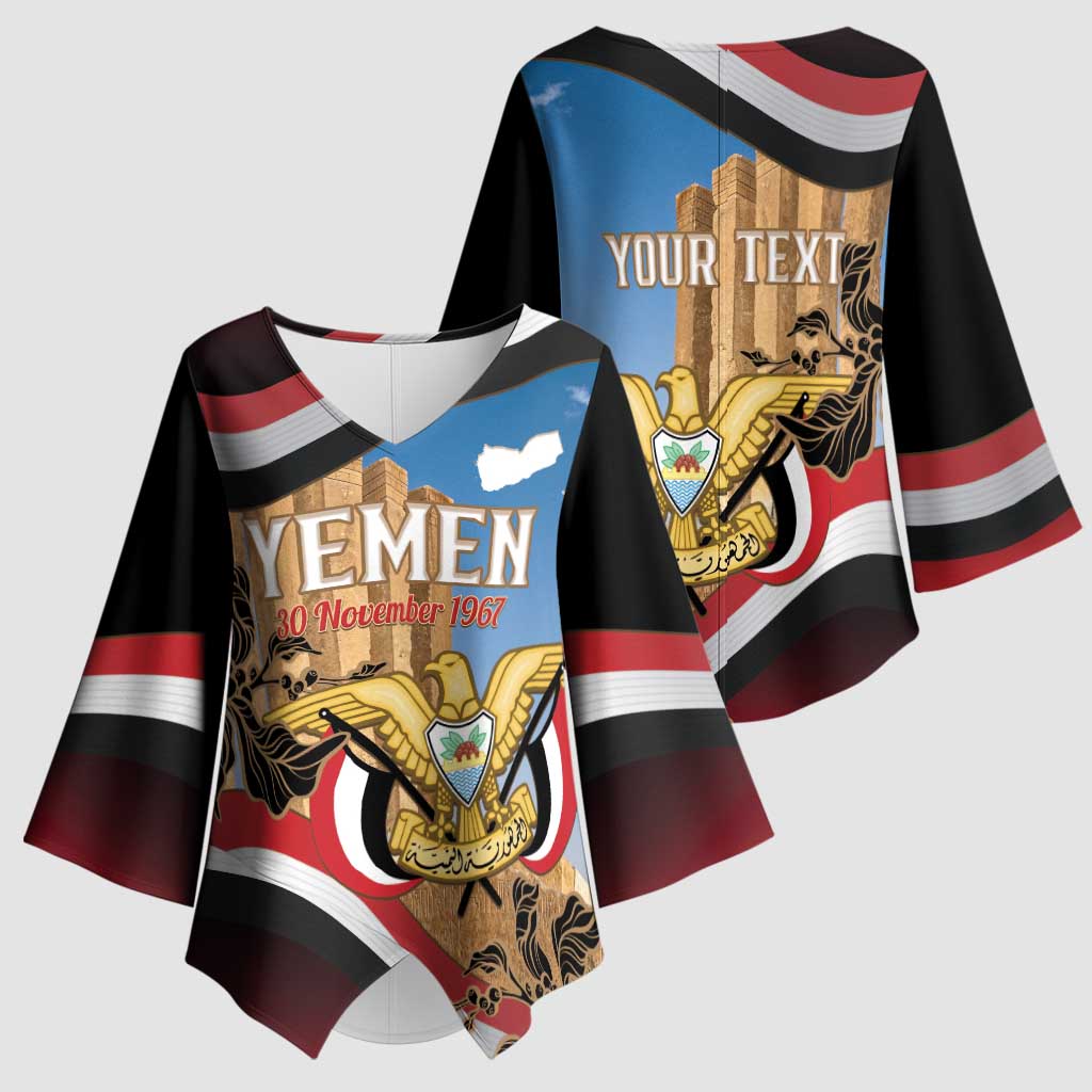 Personalised Yemen Independence Day Kimono Sleeve Blouse Awwam Temple With Coat Of Arms Proud - Wonder Print Shop