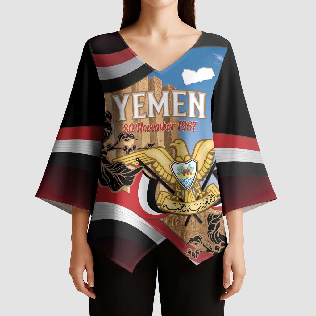 Personalised Yemen Independence Day Kimono Sleeve Blouse Awwam Temple With Coat Of Arms Proud - Wonder Print Shop