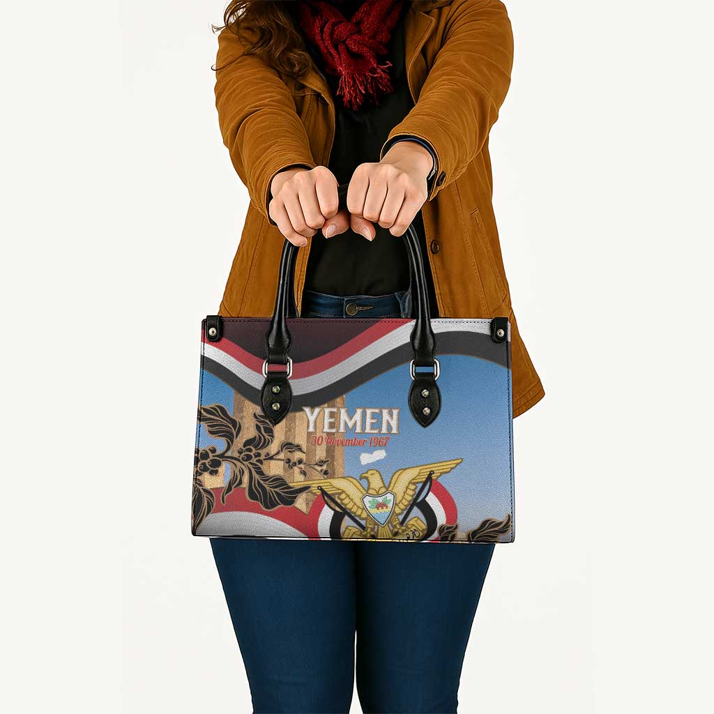 Personalised Yemen Independence Day Leather Bag Awwam Temple With Coat Of Arms Proud - Wonder Print Shop