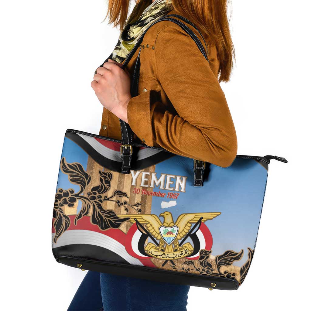 Personalised Yemen Independence Day Leather Tote Bag Awwam Temple With Coat Of Arms Proud - Wonder Print Shop