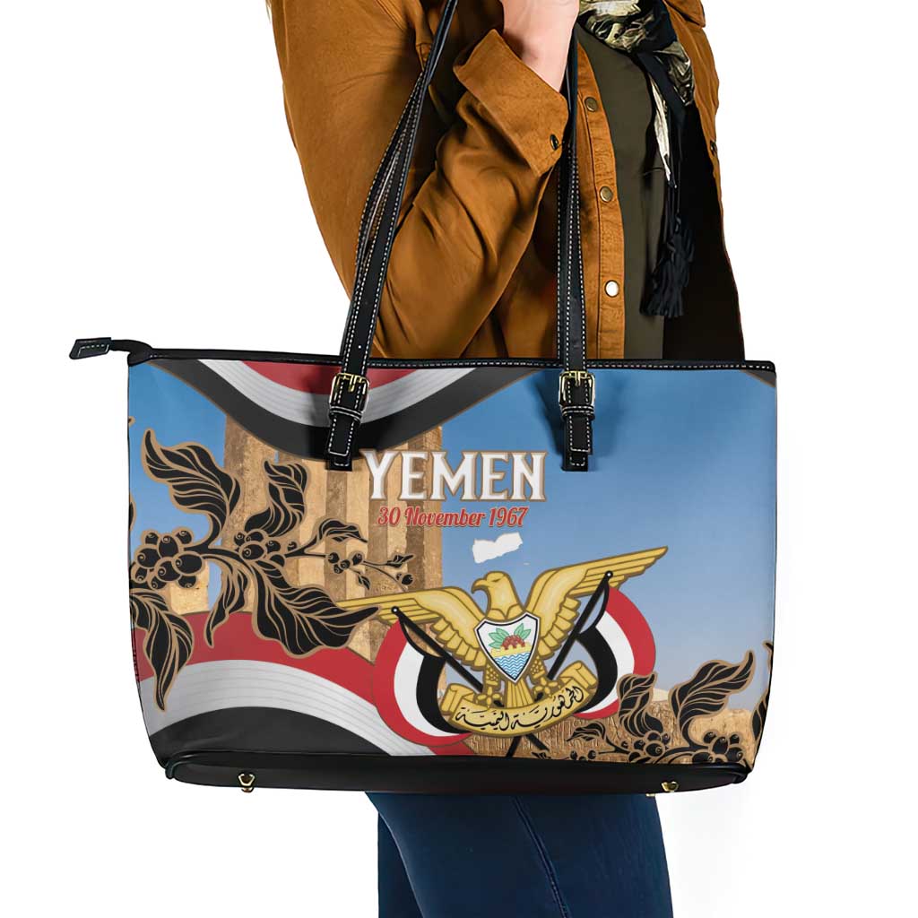 Personalised Yemen Independence Day Leather Tote Bag Awwam Temple With Coat Of Arms Proud - Wonder Print Shop