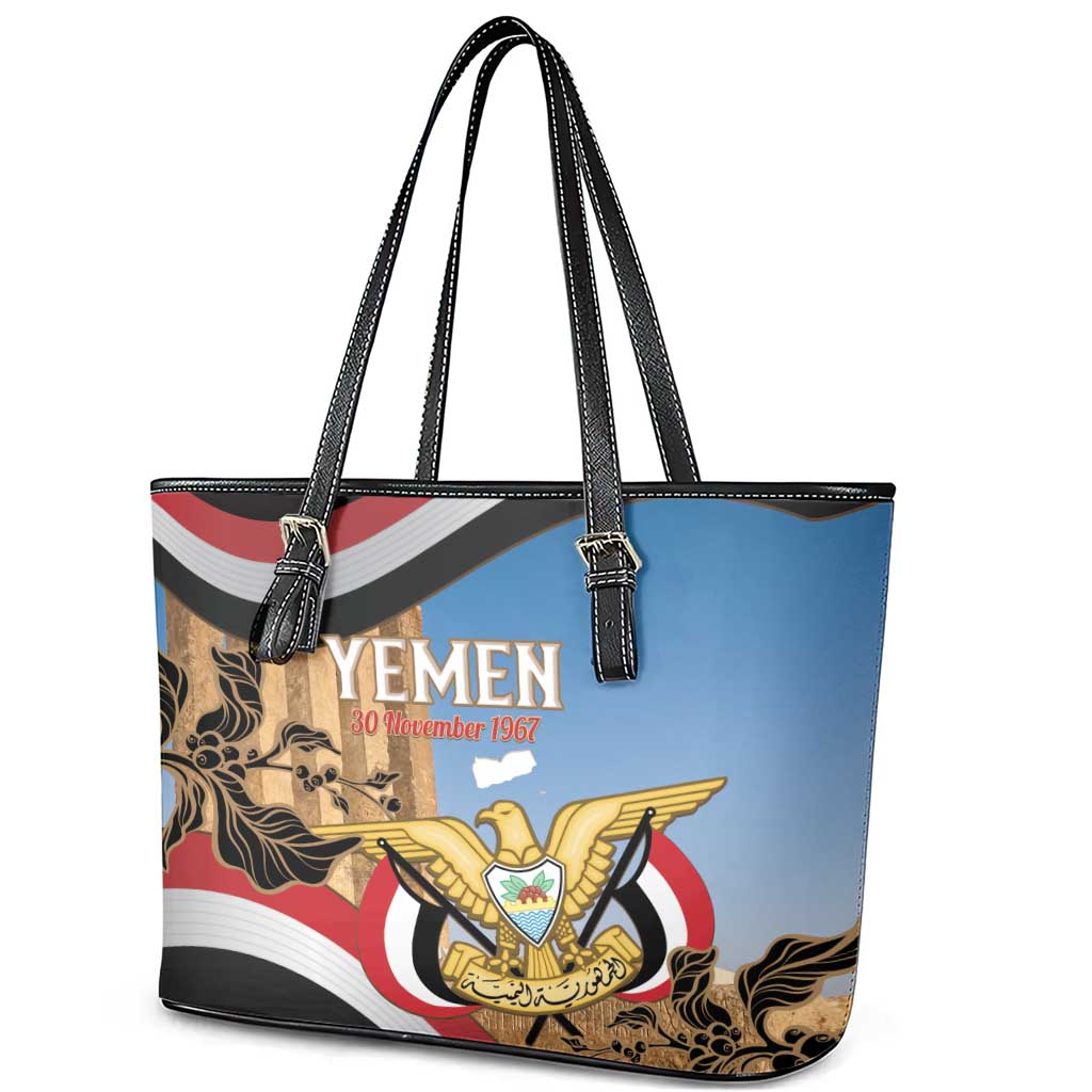 Personalised Yemen Independence Day Leather Tote Bag Awwam Temple With Coat Of Arms Proud - Wonder Print Shop