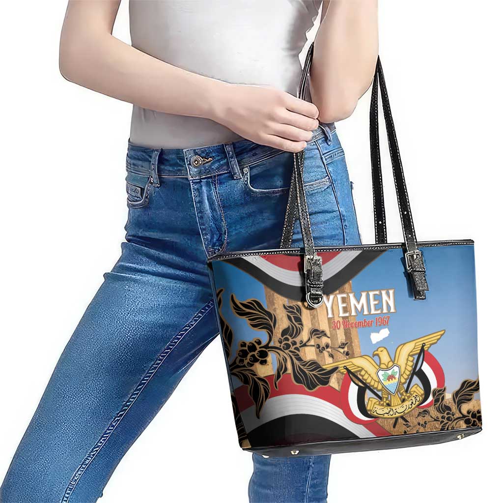 Personalised Yemen Independence Day Leather Tote Bag Awwam Temple With Coat Of Arms Proud - Wonder Print Shop