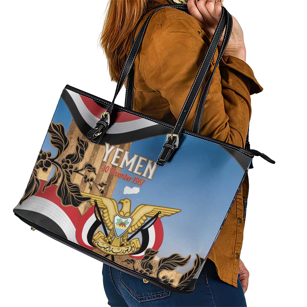 Personalised Yemen Independence Day Leather Tote Bag Awwam Temple With Coat Of Arms Proud - Wonder Print Shop