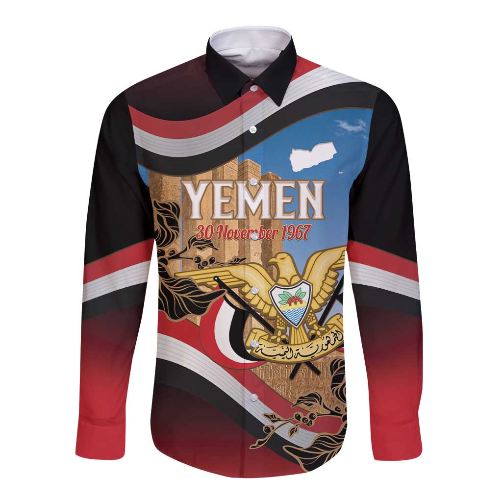 Personalised Yemen Independence Day Long Sleeve Button Shirt Awwam Temple With Coat Of Arms Proud - Wonder Print Shop