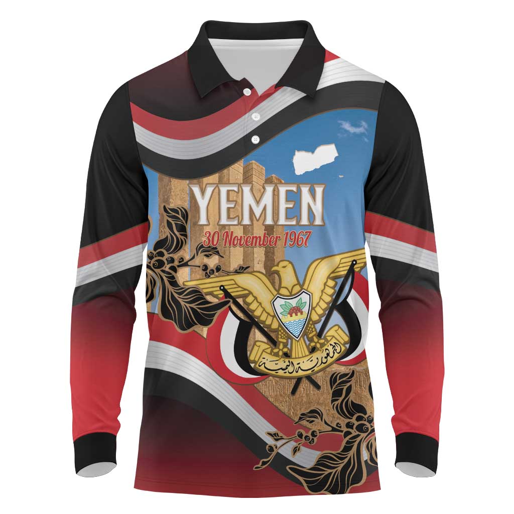 Personalised Yemen Independence Day Long Sleeve Polo Shirt Awwam Temple With Coat Of Arms Proud - Wonder Print Shop