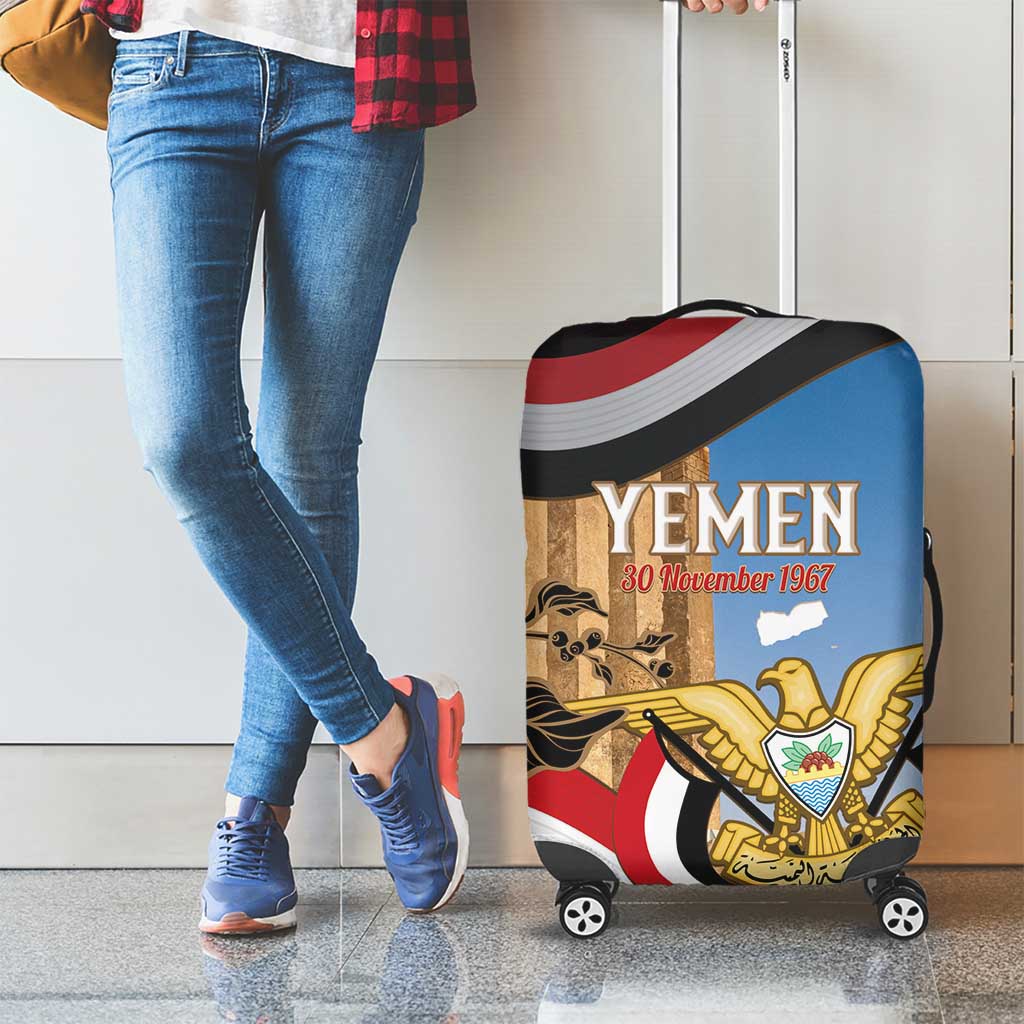 Personalised Yemen Independence Day Luggage Cover Awwam Temple With Coat Of Arms Proud - Wonder Print Shop