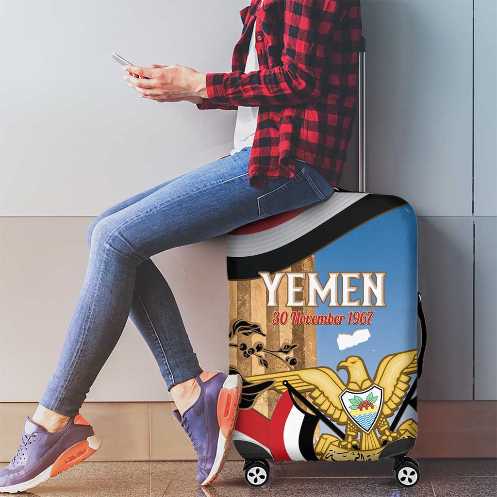 Personalised Yemen Independence Day Luggage Cover Awwam Temple With Coat Of Arms Proud - Wonder Print Shop