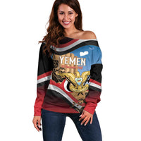 Personalised Yemen Independence Day Off Shoulder Sweater Awwam Temple With Coat Of Arms Proud - Wonder Print Shop