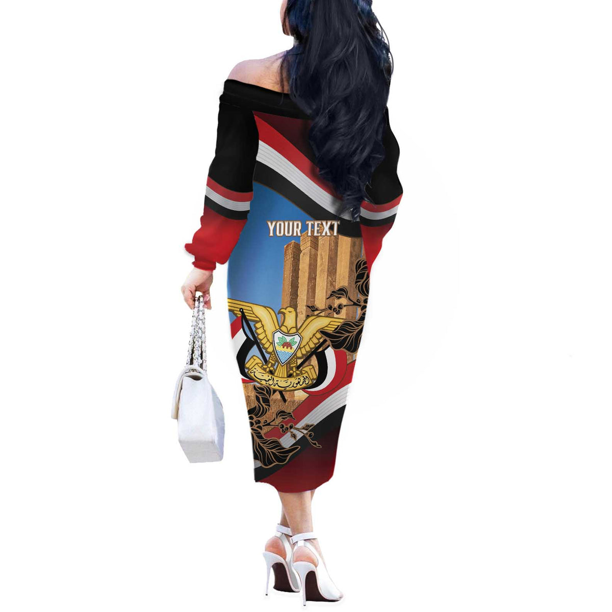 Personalised Yemen Independence Day Off The Shoulder Long Sleeve Dress Awwam Temple With Coat Of Arms Proud - Wonder Print Shop