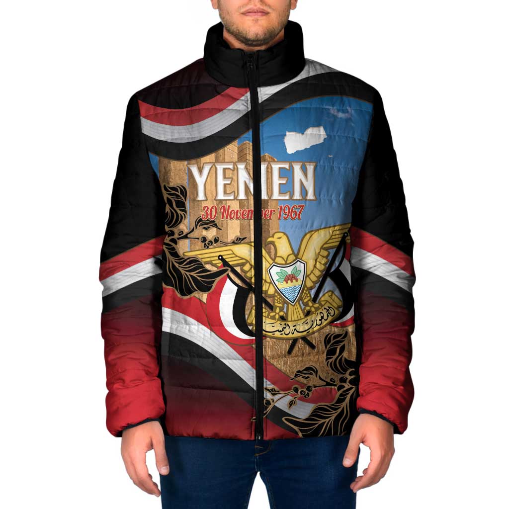 Personalised Yemen Independence Day Padded Jacket Awwam Temple With Coat Of Arms Proud - Wonder Print Shop