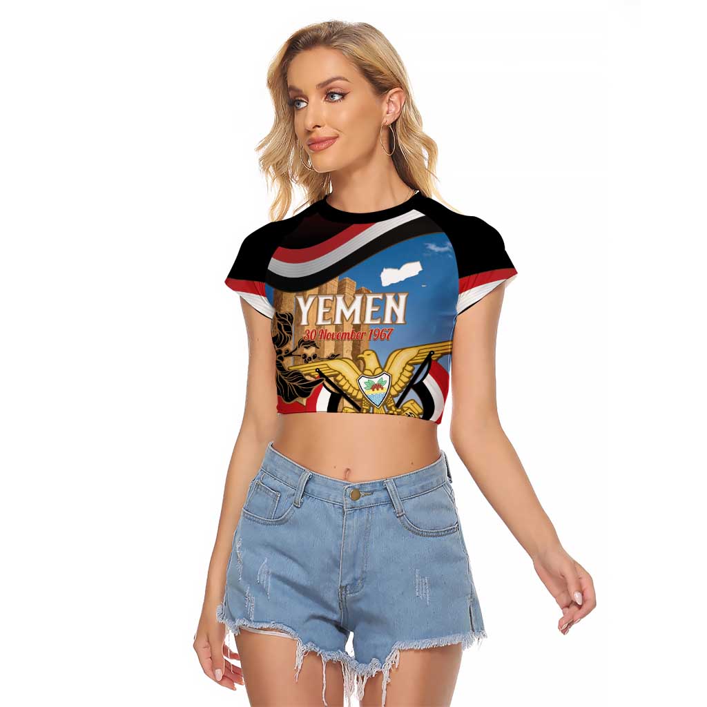 Personalised Yemen Independence Day Raglan Cropped T Shirt Awwam Temple With Coat Of Arms Proud - Wonder Print Shop