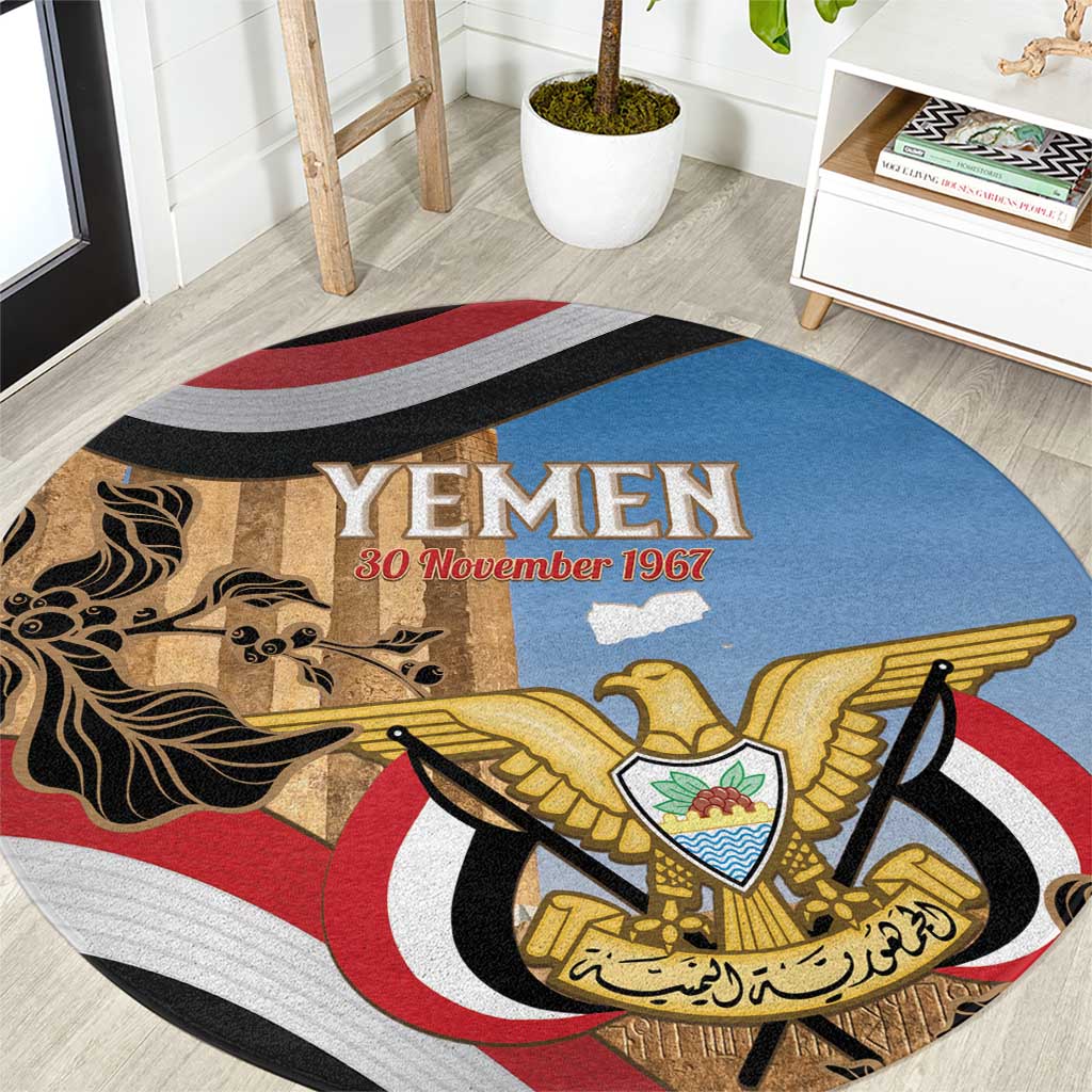 Personalised Yemen Independence Day Round Carpet Awwam Temple With Coat Of Arms Proud - Wonder Print Shop