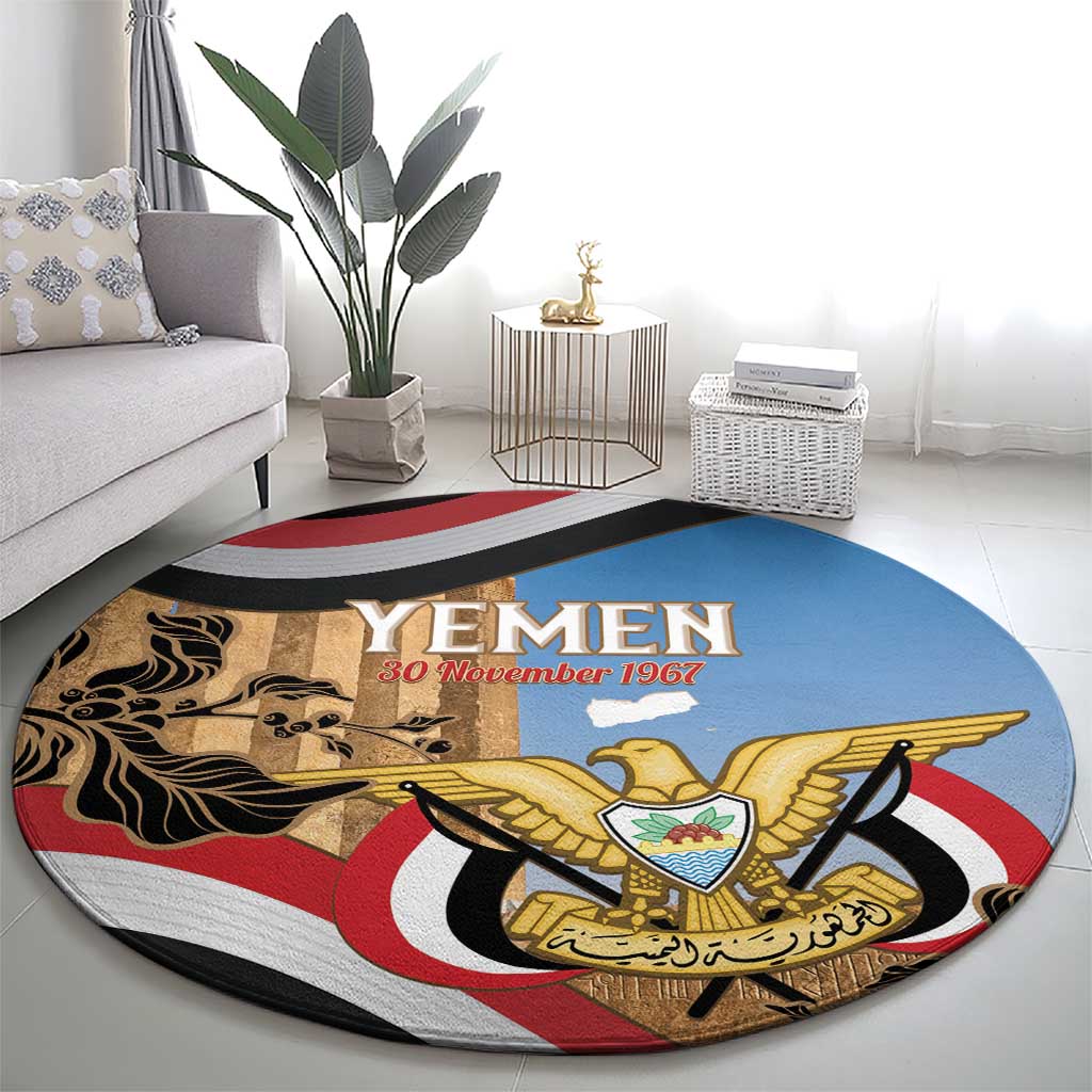 Personalised Yemen Independence Day Round Carpet Awwam Temple With Coat Of Arms Proud - Wonder Print Shop