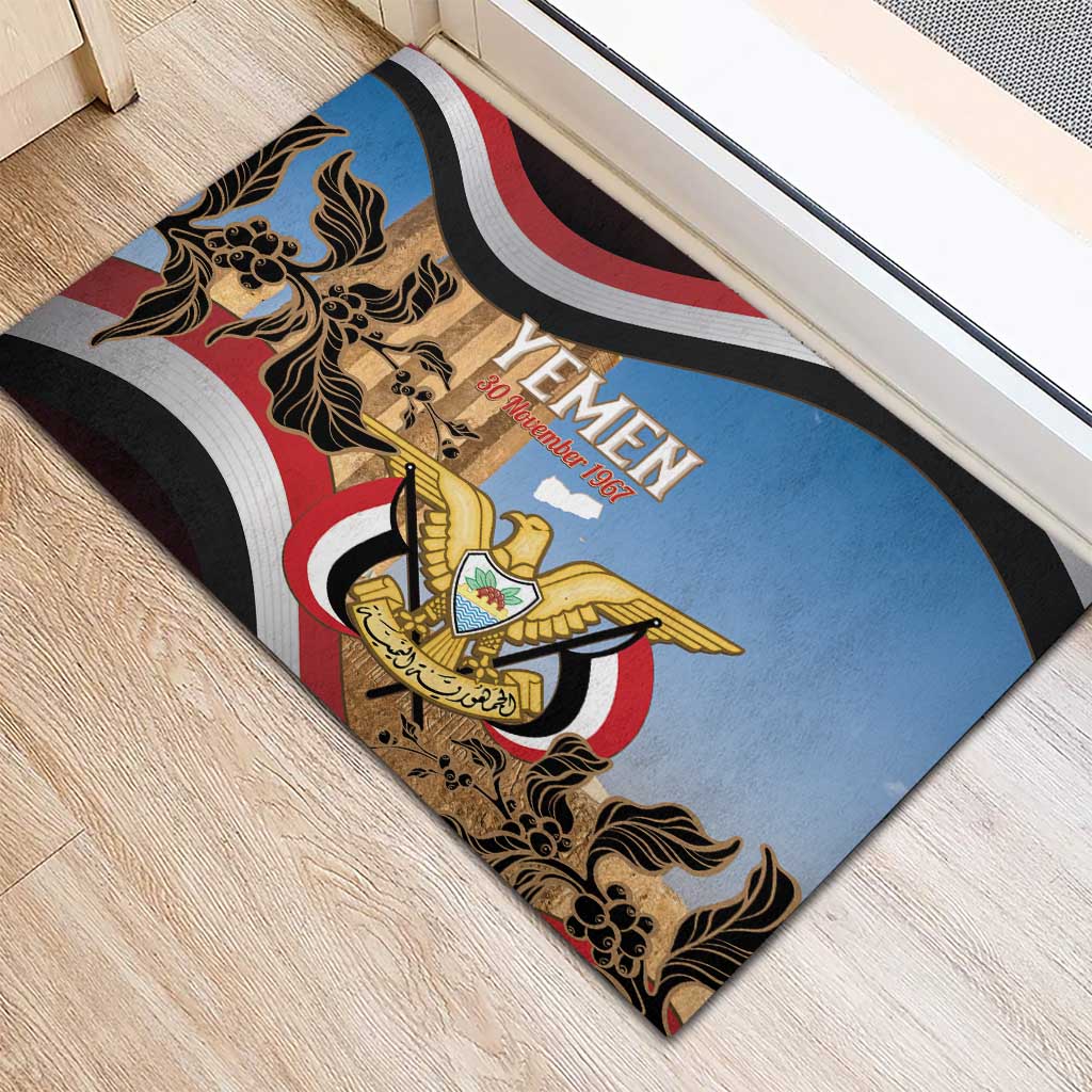 Personalised Yemen Independence Day Rubber Doormat Awwam Temple With Coat Of Arms Proud - Wonder Print Shop