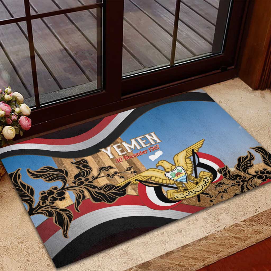 Personalised Yemen Independence Day Rubber Doormat Awwam Temple With Coat Of Arms Proud - Wonder Print Shop