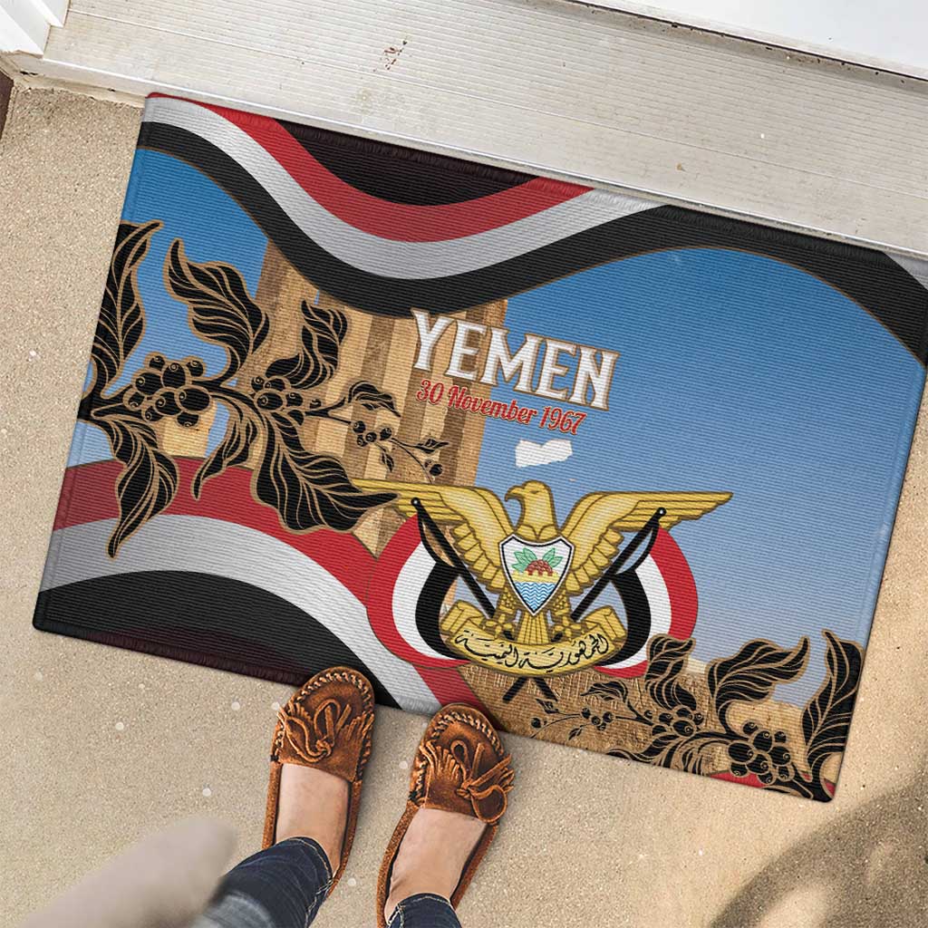 Personalised Yemen Independence Day Rubber Doormat Awwam Temple With Coat Of Arms Proud - Wonder Print Shop