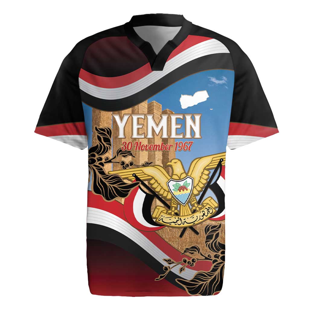 Personalised Yemen Independence Day Rugby Jersey Awwam Temple With Coat Of Arms Proud - Wonder Print Shop