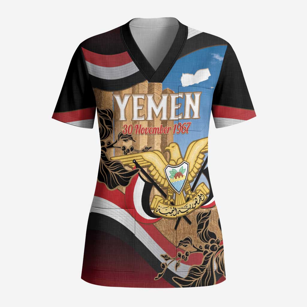 Personalised Yemen Independence Day Scrub Top Awwam Temple With Coat Of Arms Proud - Wonder Print Shop